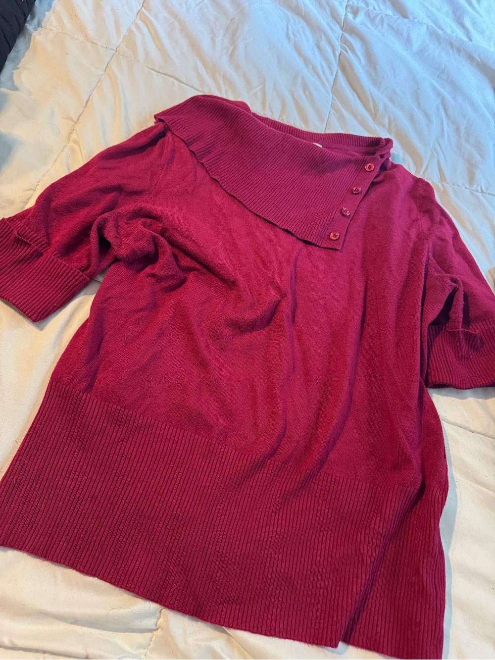 Buttoned Ribbed Collar Short Sleeve Sweater - Deep Berry